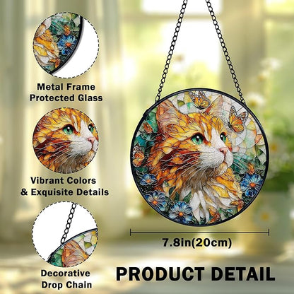 Cat Flower Suncatcher Stained Glass Window Hanging, Butterfly Floral Orange Cat Sun Catchers Indoor Window Glass Wall Art Decor, Kitten Floral Wall Hanging Decor, 7.9x7.9 Inch 035-MH-BLGH