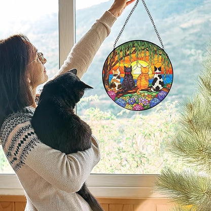 Cat Flower Stained Glass Window Hanging, Cat Mom Lovers Gifts for Women, Nature Sunset Kitten Landscape Suncatchers Sun Catchers Indoor Window Glass Wall Art Decorations, 7.9x7.9in, Patio