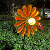 Solar Daisy Garden Wind Spinner, 44.48 Inch, Metal Stake Yard Wind Spinner with Solar-Powered Warm White LED Glass Globes and Dynamic Spinning Windmill for Yard Decor. Orange