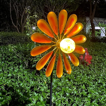Solar Daisy Garden Wind Spinner, 44.48 Inch, Metal Stake Yard Wind Spinner with Solar-Powered Warm White LED Glass Globes and Dynamic Spinning Windmill for Yard Decor. Orange