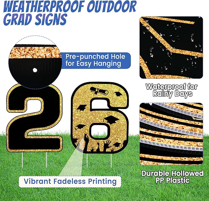 13Pcs Graduation Yard Signs Class of 2026 Large Congrats Grad Sign with Stakes & String Hanging Graduation Decorations for Indoor Outdoor Yard Lawn Porch School (Gold)