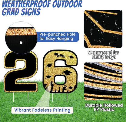 13Pcs Graduation Yard Signs Class of 2026 Large Congrats Grad Sign with Stakes & String Hanging Graduation Decorations for Indoor Outdoor Yard Lawn Porch School (Gold)