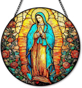 Our Lady of Grace Suncatcher Stained Glass Window Hanging, Christian Virgin Mary Flower Sun Catchers Indoor Window Glass Round Wall Decor, Catholic Rose Wall Art Hanging Decorations, ＂7.8x7.8＂