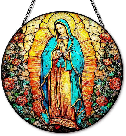 Our Lady of Grace Suncatcher Stained Glass Window Hanging, Christian Virgin Mary Flower Sun Catchers Indoor Window Glass Round Wall Decor, Catholic Rose Wall Art Hanging Decorations, ＂7.8x7.8＂