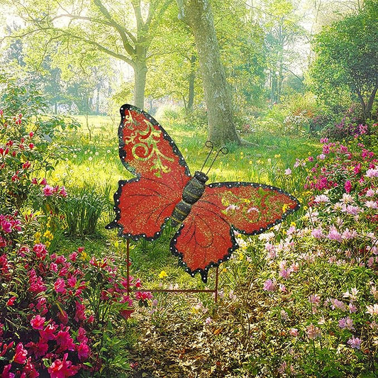 Aecipl Garden Decor Metal Butterfly Stakes Yard Sign Decorative Lawn Art Indoor Outdoor Plant Stake Patio Porch Pathway Backyard Decoration (Red)
