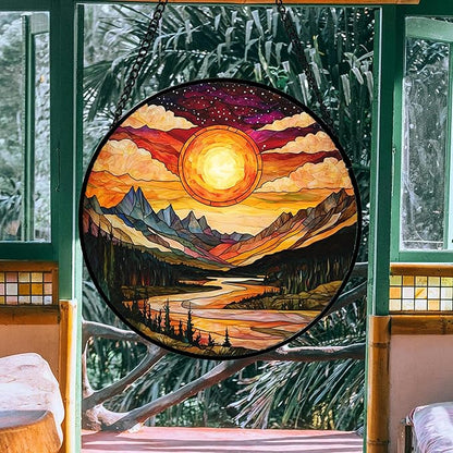 DASTOLL Stained Glass Window Hanging, Dusk Sunset Landscape Sun Catchers Glass Panel Lakes and Mountains Suncatcher Decor for Birthday for Women, Men, Wife, Aunt, and Mom 14.9 in