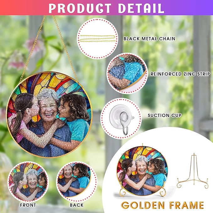 Personalized Grandma Stained Glass Suncatcher, Custom Stained Glass Window Hanging Picture for Mom, Customized Photo Gifts for Grandparents Family from Grandchildren Grandkids on Mothers Day Christmas