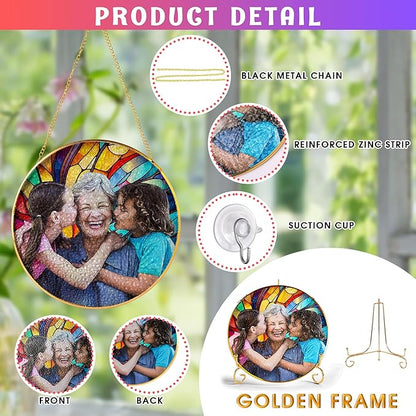 Personalized Grandma Stained Glass Suncatcher, Custom Stained Glass Window Hanging Picture for Mom, Customized Photo Gifts for Grandparents Family from Grandchildren Grandkids on Mothers Day Christmas