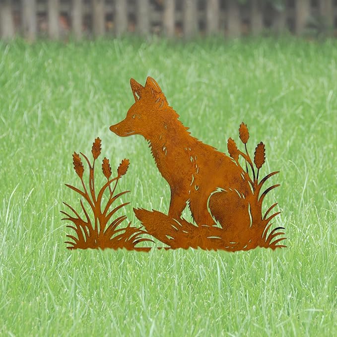 Rusty Fox Garden Stake - Metal Yard Art Sculpture, Fox Outdoor Decor for Garden, Patio & Law
