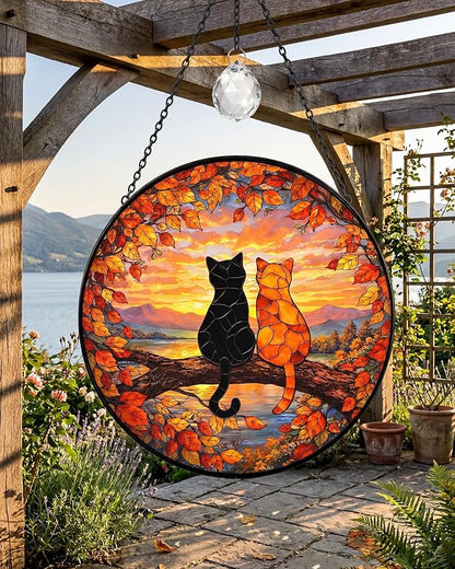Stained Glass Window Hanging Sun Catcher 7.8 Inch, 2 Cats on a Tree Branch Suncatcher for Home Decor, Birthday Gifts for Women, Gifts for Cat Lovers (Cat Silhouette)