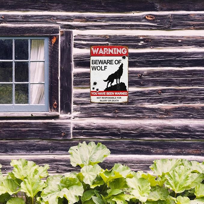 Funny Dark Humor Beware Warning Sign, No Soliciting Wall Decor, Beware of Wolf, Yard Garden Plaque Outdoor for Home Fence 8 X 12 Inches