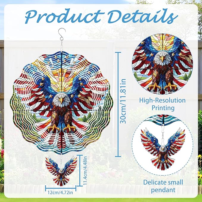 Hanging Wind Spinners Outdoor, 3D Kinetic Metal Wind Spinner with American Flag Bald Eagle Design for Garden Yard Decor, Patriotic Themed Gifts for Men Women Veterans