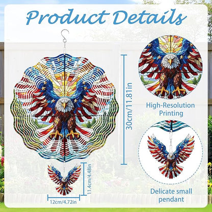 Hanging Wind Spinners Outdoor, 3D Kinetic Metal Wind Spinner with American Flag Bald Eagle Design for Garden Yard Decor, Patriotic Themed Gifts for Men Women Veterans