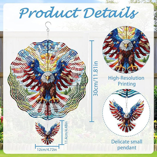 Hanging Wind Spinners Outdoor, 3D Kinetic Metal Wind Spinner with American Flag Bald Eagle Design for Garden Yard Decor, Patriotic Themed Gifts for Men Women Veterans