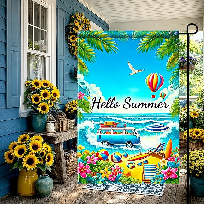 BlissYard Hello Summer Beach Garden Flag 12x18 Double Sided Vertical Outdoor Decor Van Surf Ocean Tropical Yard Garden Lawn Banner Coastal Seasonal Display
