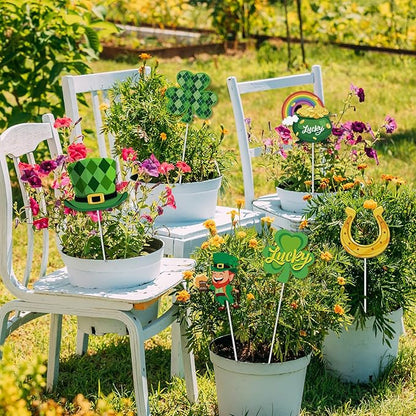 Cinrobiye 6 Pcs St Patrick’s Day Planter Stakes Metal Shamrock Garden Stakes Irish Table Centerpiece Lucky Clover Pot of Gold Leprechaun Decorations for Lawn Garden Farmhouse Decor