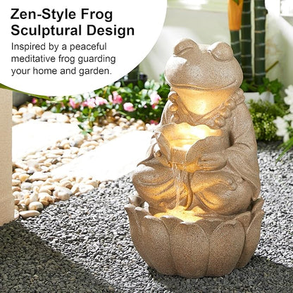 Glitzhome Outdoor Frog Statues Garden Decorations 22" H, Zen-Style Meditative Frog Sculpture Water Fountains LED Floor Standing Fountain Outside Frog Statue with Birdbath for Backyard Decking Decor