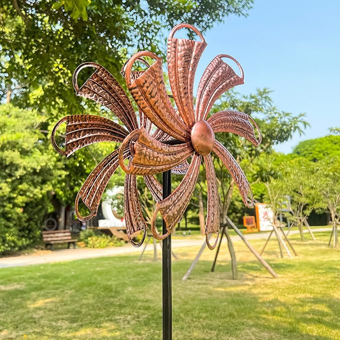 54” Metal Wind Spinner Outdoor Decor, Double Layer 360° Rotating Kinetic Sculpture, Rustproof Weather-Resistant Yard Art for Patio Lawn, Wind Spinners for Yard and Garden (Copper)