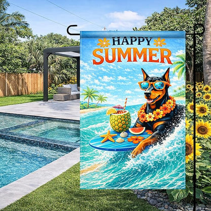 BlissYard Happy Summer Doberman Garden Flag 12x18 Double Sided Vertical Outdoor Decor Surfing Dog Tropical Beach Yard Garden Lawn Patio Banner