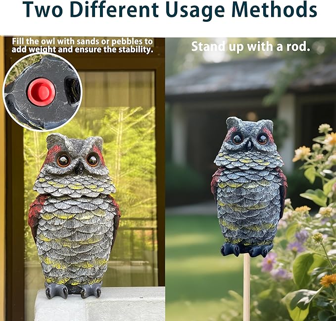 Owls to Keep Birds Away, Solar Owl Decoys to Scare Birds Away, Small Fake Owl for Bird Control, Resin Owls Outdoor Decor with Rotating Head and Lighted Eyes, Animal Deterrent for Outside, Garden