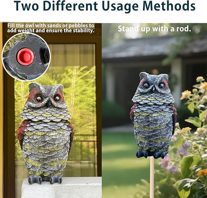Owls to Keep Birds Away, Solar Owl Decoys to Scare Birds Away, Small Fake Owl for Bird Control, Resin Owls Outdoor Decor with Rotating Head and Lighted Eyes, Animal Deterrent for Outside, Garden