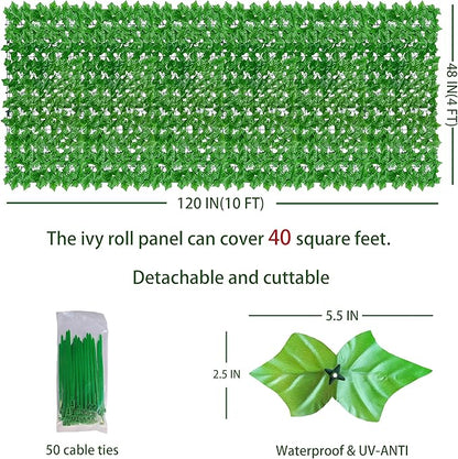 ODTORY Artificial Ivy Privacy Fence Wall Screen: 48X120 in UV-Anti Faux Greenery Backdrop Ivy Vine Leaf Hedges Fence Panels for Patio, Balcony, Garden, Backyard Indoor Outdoor Light Green Decor