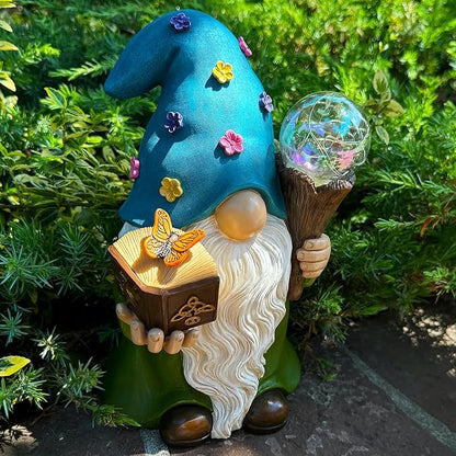 Garden Gnome - Solar Magician Gnome Figurine - 9.45 Inch Tall Decor Outdoor Lawn Statue with LED Lights
