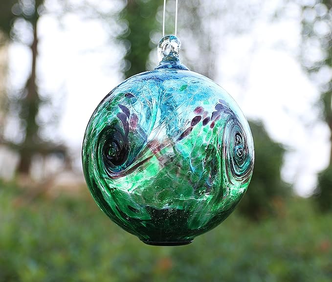 4.6-Inch Solar Hanging Glass Gazing Ball Outdoor Garden Décor Aqua-Green Swirl