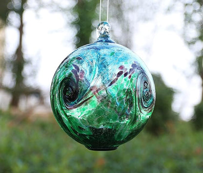 4.6-Inch Solar Hanging Glass Gazing Ball Outdoor Garden Décor Aqua-Green Swirl