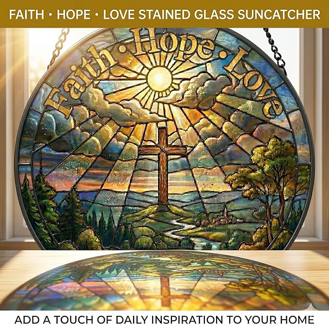 Christian Stained Glass Suncatcher, Faith Hope Love Cross Stained Glass Window Hanging, Sun Catchers Indoor Window Decor, Stained Glass Window Panel, Suncatchers for Windows Hanging Gift (6 Inch)