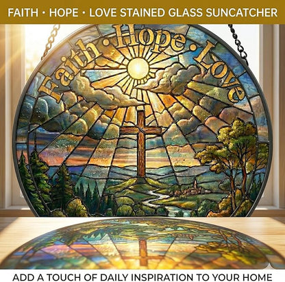 Christian Stained Glass Suncatcher, Faith Hope Love Cross Stained Glass Window Hanging, Sun Catchers Indoor Window Decor, Stained Glass Window Panel, Suncatchers for Windows Hanging Gift (6 Inch)