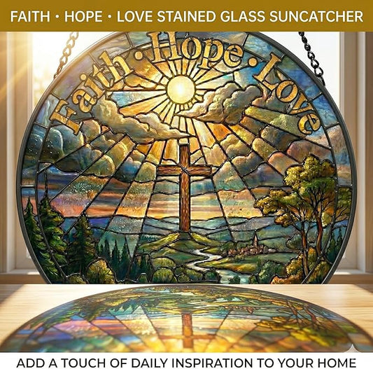 Christian Stained Glass Suncatcher, Faith Hope Love Cross Stained Glass Window Hanging, Sun Catchers Indoor Window Decor, Stained Glass Window Panel, Suncatchers for Windows Hanging Gift (6 Inch)