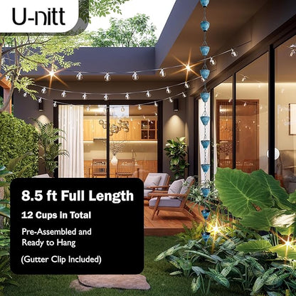 U-nitt Rain Chain Water Collection for Gutters Rainwater Catcher & Diverter, 8.5 FT Chains for Outside Garden, Sunflower Cups, Roof Downspout, Works with Heavy Rain, w/ Gutter Clip for Rainchains
