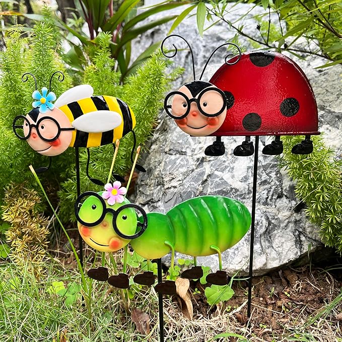 Metal Garden Stakes Set of 3, Hand Painted Insect Yard Art, Ladybug Bee Caterpillar Outdoor Decor, Colorful 3D Lawn Ornaments, Floor Mount Patio Decoration