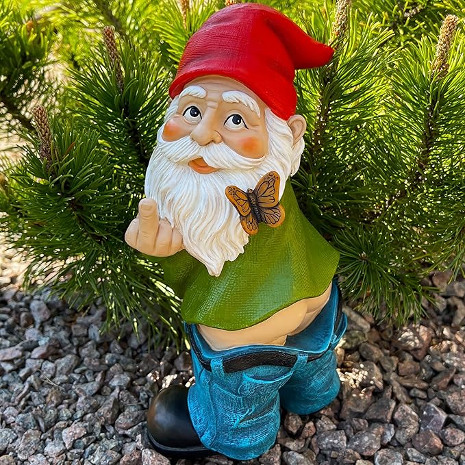 Mood Lab Garden Gnome - Pants Down Gnome with Middle Finger - 9.3 Inch Tall Outdoor or Indoor Decor