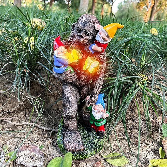 Gorilla Bigfoot Dwarf Bigfoot Sculpture Butterfly Statue with Large Garden Accessories with LED Decorative Gifts 7.5X5.9X13Inch
