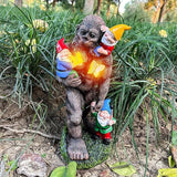 Gorilla Bigfoot Dwarf Bigfoot Sculpture Butterfly Statue with Large Garden Accessories with LED Decorative Gifts 7.5X5.9X13Inch