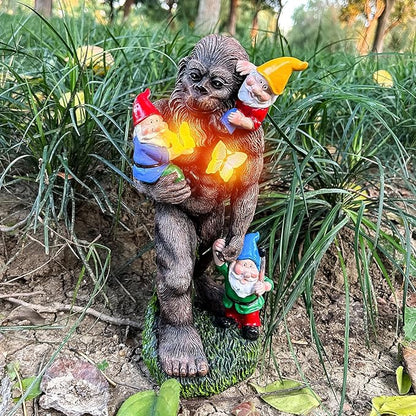 Gorilla Bigfoot Dwarf Bigfoot Sculpture Butterfly Statue with Large Garden Accessories with LED Decorative Gifts 7.5X5.9X13Inch