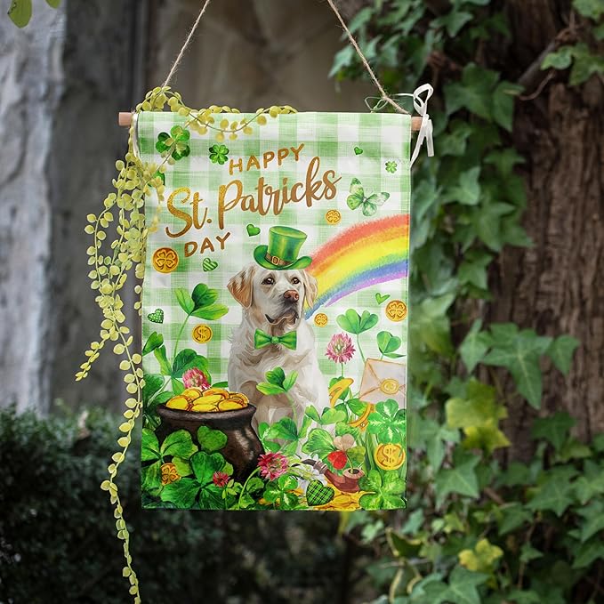White Lab St Patricks Day Garden Flag Labrador Dog St Patrick's Day Yard Flags for Outside 12x18 Double Sided Buffalo Plaid Shamrock Flag Small Outdoor Rainbow St Patrick's Decor