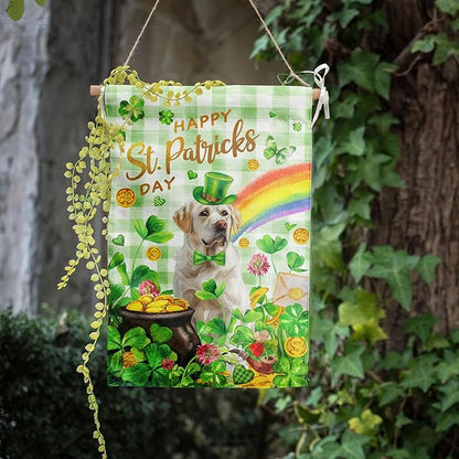 White Lab St Patricks Day Garden Flag Labrador Dog St Patrick's Day Yard Flags for Outside 12x18 Double Sided Buffalo Plaid Shamrock Flag Small Outdoor Rainbow St Patrick's Decor