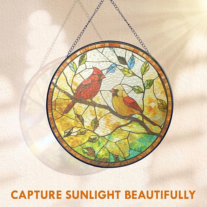 FLAGWIX Christmas Red Cardinal Gifts for Women Men - Stained Glass Window Hanging 10 in - Sun Catchers Indoor Window for Home Decor, Sympathy Bereavement Cardinal Memorial Gift, Christmas Decorations