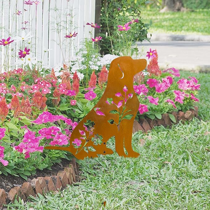 Dog Garden Stake - Unique Gift for Dog Lovers, Black Metal Outdoor Decor, Durable Yard Art Statue (Rusty Labrador)