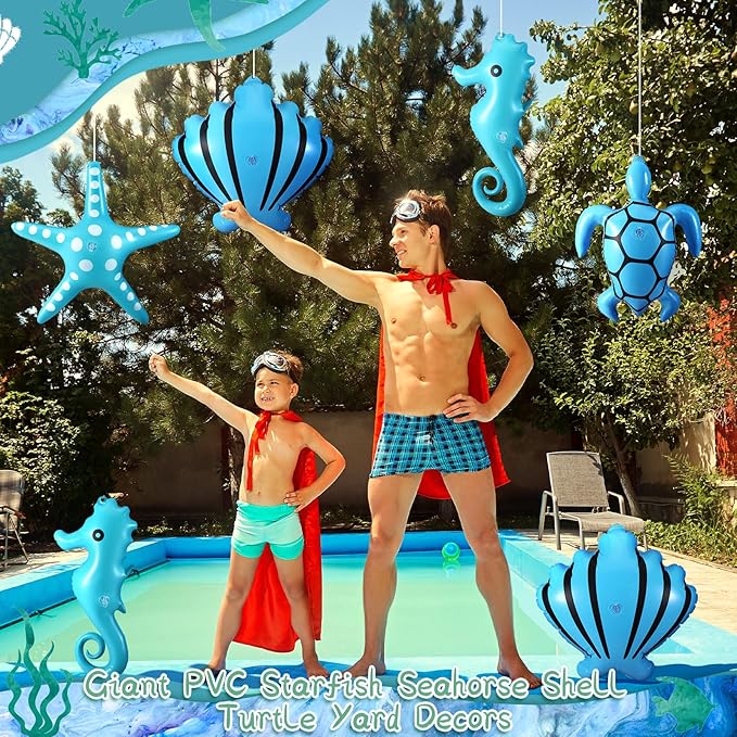 12 Pcs Summer Inflatables Outdoor Decorations Large Inflatable Starfish Seahorse Shell Turtle Hanging Ornaments Beach Party Decorations Giant PVC Ocean Animals Yard Decor for Indoor Outdoor