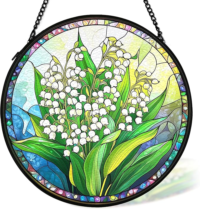 Floral Whimsical Suncatcher Stained Glass Window Hanging Decor, Goblincore Cottage Core Stained Glass Wall Decor, Lilly of the Valley Lawn Garden Sun Catchers Window Hanging Decorations,7.9x7.9