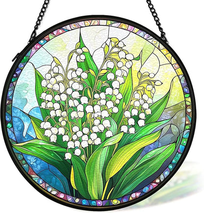 Floral Whimsical Suncatcher Stained Glass Window Hanging Decor, Goblincore Cottage Core Stained Glass Wall Decor, Lilly of the Valley Lawn Garden Sun Catchers Window Hanging Decorations,7.9x7.9