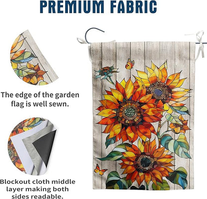Stained Glass Sunflower Fall Garden Flag Autumn Flower Yard Signs for Outside 12x18 Double Sided Small Thanksgiving Monarch Butterfly Banner Outdoor Farmhouse Decorations