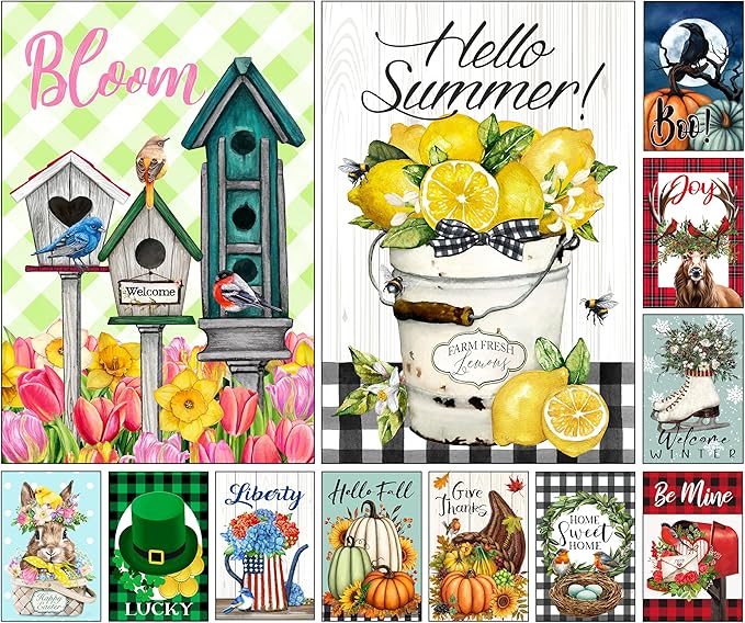 Double Sided Seasonal Garden Flags - Yard Flags Made of 100D Polyester - 12 Holiday Design Flags for All Seasons - Spring, Winter, Christmas, Thanksgiving - 12.75x18.5 Inch (Without Flagpole)