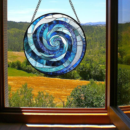 Stained Glass Window Hanging - Blue Abstract Swirl Suncatcher for Doors Garden Patio Unique Sun Catchers Decor Christmas Mother's Day Birthday Gifts for Women Men Mom Nana Friend 9.8 in