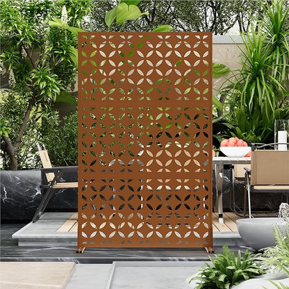 Metal Privacy Screen 72" H x 44" W, Outdoor Freestanding Privacy Screens, Patio Metal Fence Panels with Stand, Brown Screens for Outside Deck Balcony Garden and Indoor