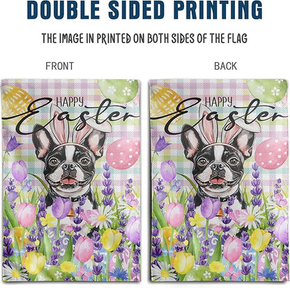 Happy Easter Dog Garden Flag Boston Terrier Spring Flags Buffalo Plaid Bunny Eggs Yard Flag for Outside 12x18 Double Sided Small Decorative Floral Outdoor Flag